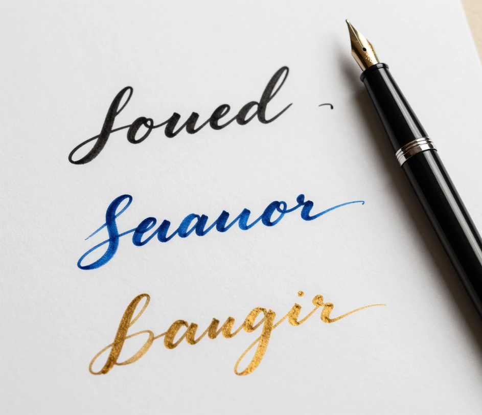 Three ink color swatches applied to the same cursive signature — classic black, deep blue, and metallic gold — each showing realistic stroke texture