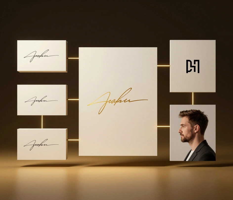 A premium branding showcase featuring business cards, letterheads, and corporate documents with elegant flowing cursive signature elements integrated into a cohesive brand identity system