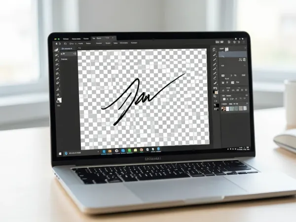 Signature PNG maker interface producing a transparent-background signature image file with checkerboard background showing only the ink strokes without any white rectangle