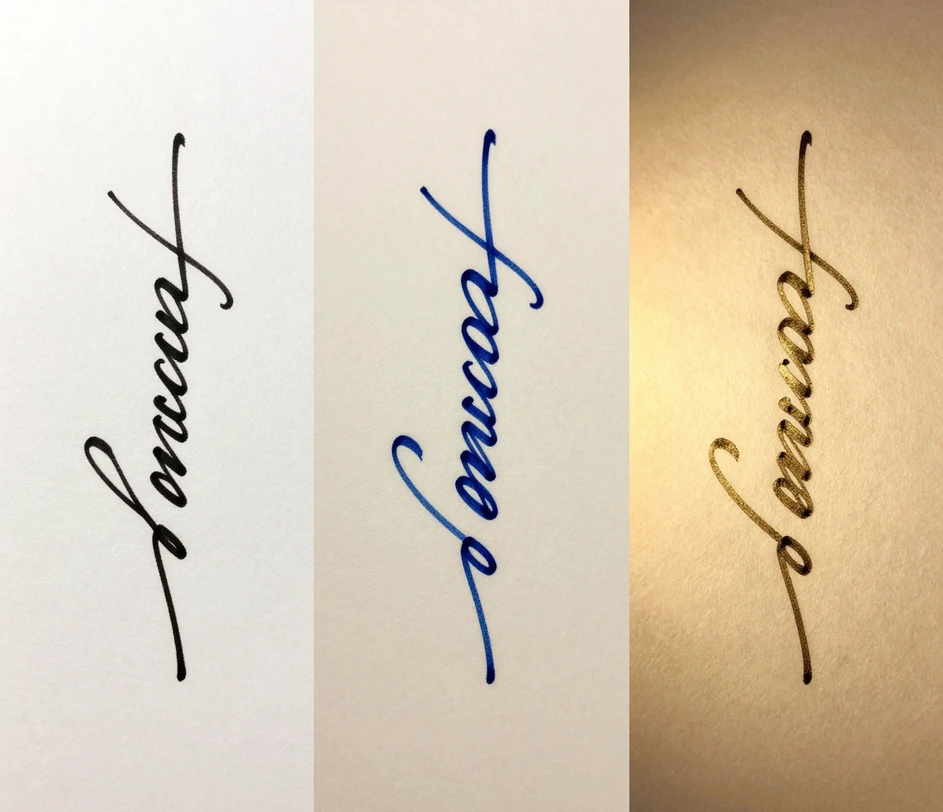 Three distinct cursive signature styles arranged left to right — a clean modern cursive, an elegant flowing cursive with loops, and an ornate calligraphic cursive with master-level connected-letter flourishes
