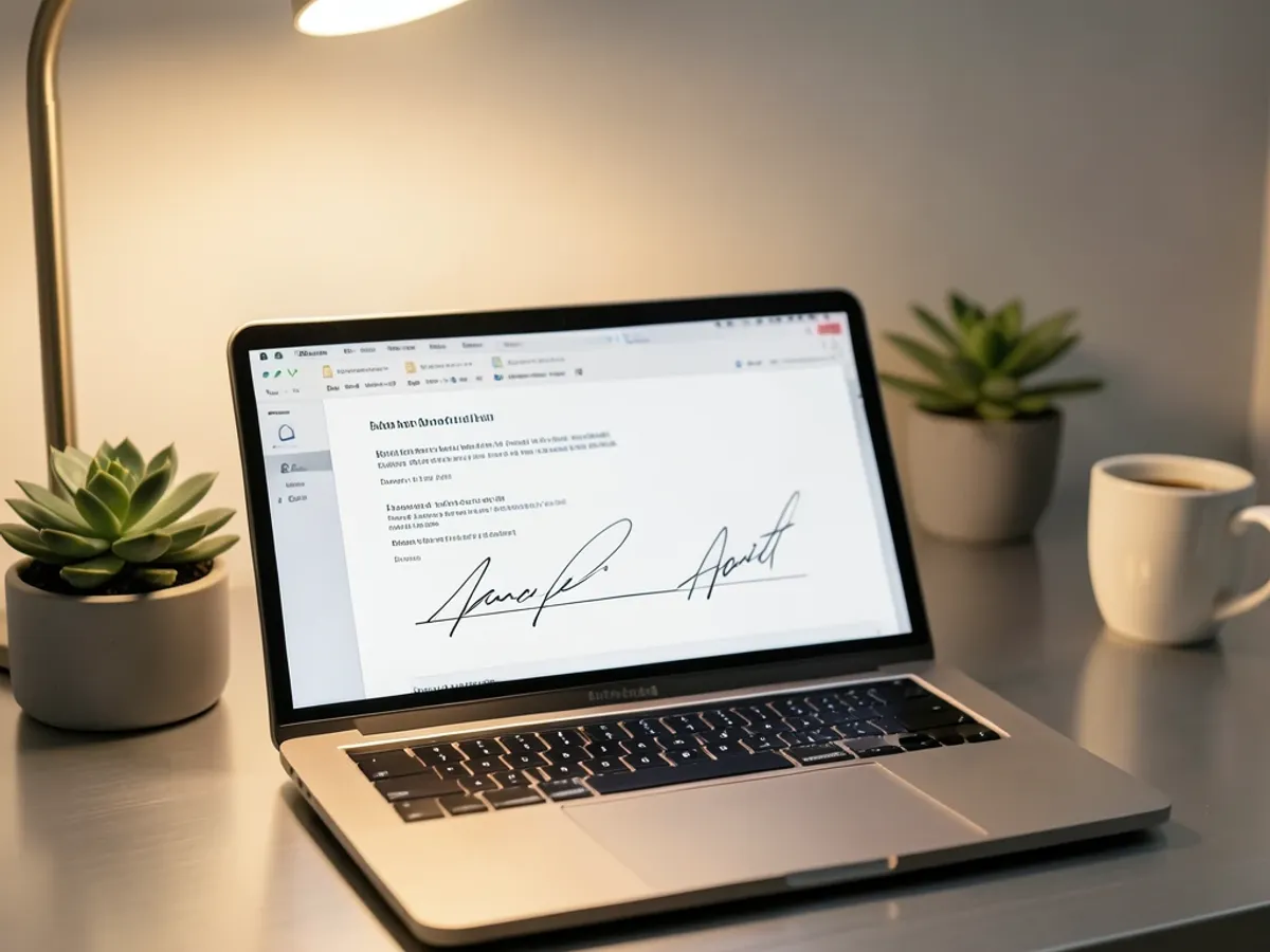 Freelance contract document with a flowing cursive signature placed on the signature line, showing connected-letter strokes with natural slant and no white box artifacts on the PDF agreement