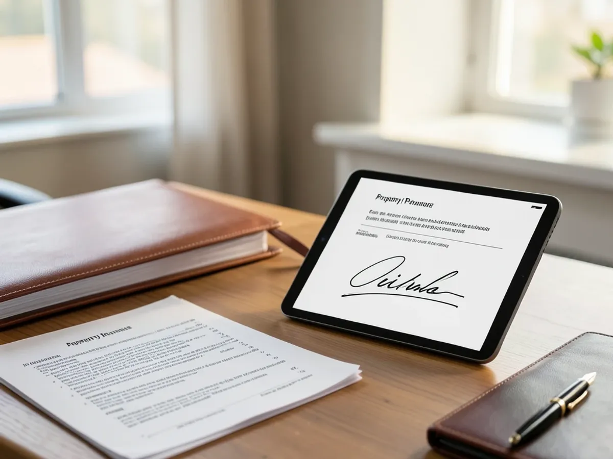 Real estate purchase agreement showing a cursive signature image on the approval line, rendered with smooth flowing strokes and transparent background matching the document professional formatting