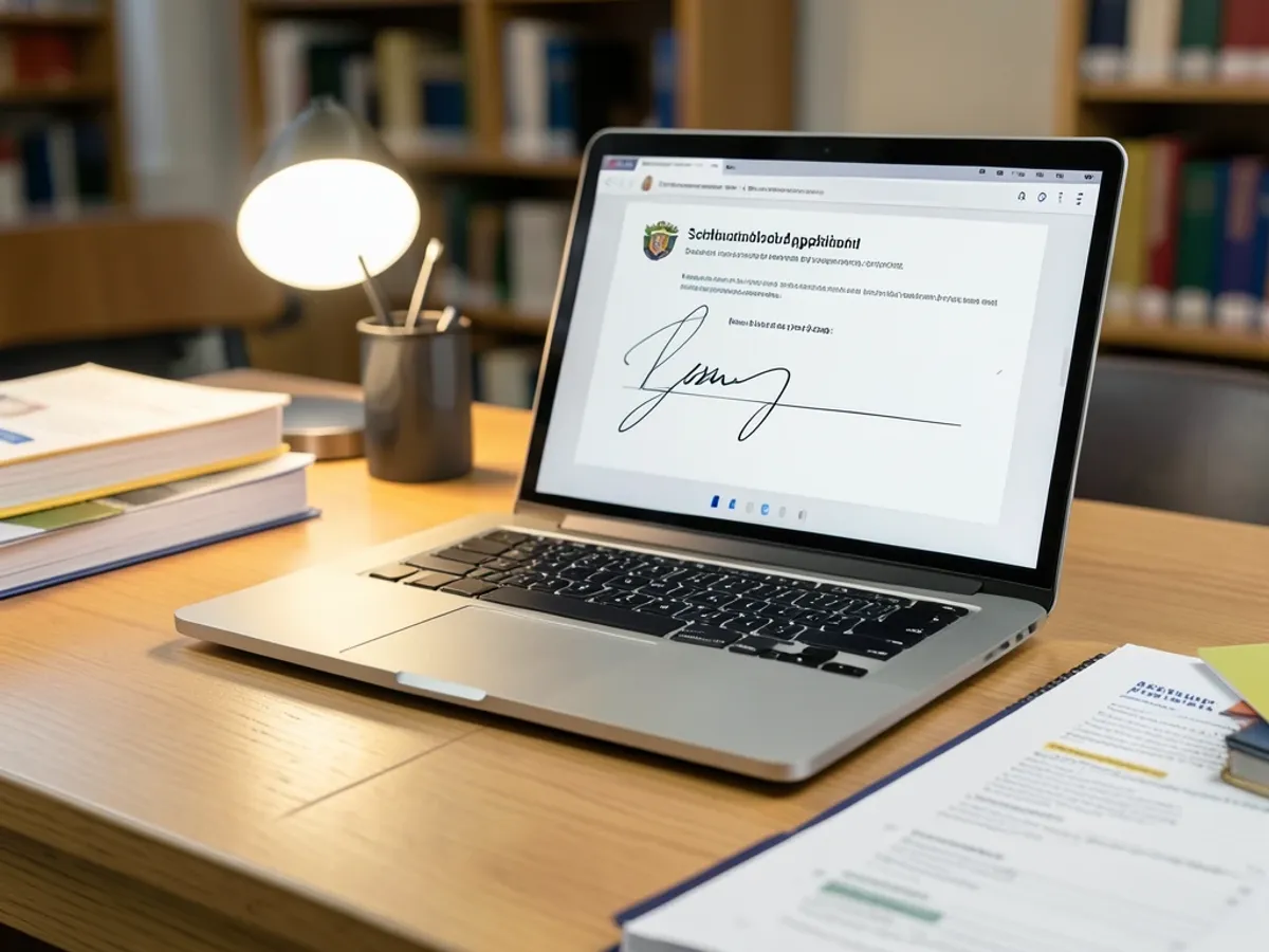 Student scholarship application form showing a flowing cursive signature on the certification line with connected-letter strokes and transparent background, fitting cleanly into the formatted PDF