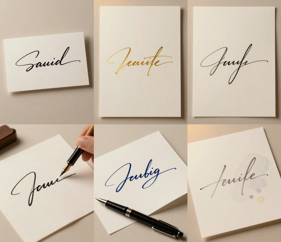 Five real scenarios for cursive signatures displayed across one canvas — freelancer contracts, real estate closings, accounting forms, startup pitch decks, and student applications — unified by flowing connected-letter ink aesthetics