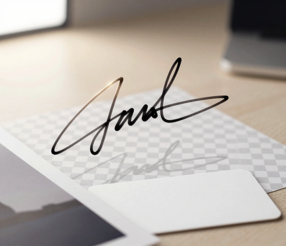 Assi ta' signature PNG trasparenti jiddellaq fuq sfond ta' checkerboard — firma waħda miktuba bl-idejn li tgħaddi bi strixxi ta' linka nodfa, bla nisġa ta' karta, lesta biex titqiegħed direttament bħala watermark fuq kuntratti, opri tal-arti, u materjal tal-brand