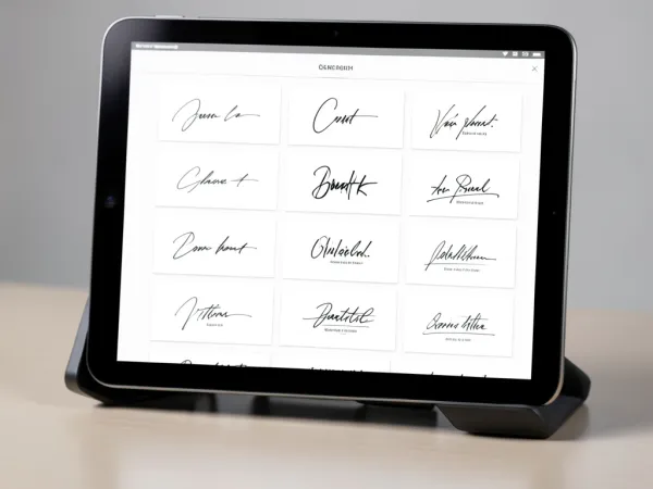 AI signaturgenerator hub, der viser flere signaturstilkategorier inklusive håndskrevet, elektronisk, e-mail og kursiv formater arrangeret i et rent gitterlayout