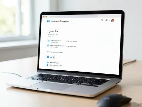 E-mail signaturgenerator, der producerer en formateret signaturblok med navn, jobtitel, telefonnummer og sociale medieikoner valideret på tværs af flere e-mail-klienter