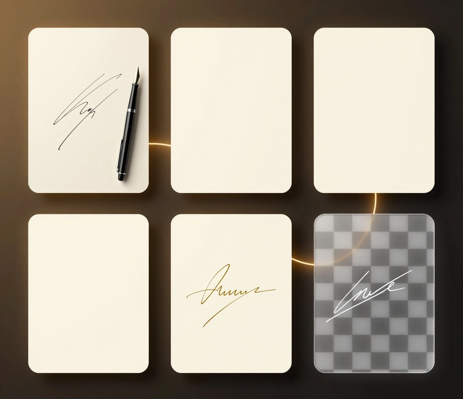 Wirja premium tal-branding b'karti tan-negozju, letterheads, u watermarks ta' opri tal-arti b'assi ta' signature PNG trasparenti integrati f'sistema ta' identità ta' kreatur kożiva