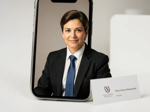 Professionelt headshot genereret fra et afslappet selfie, der viser korrekt studiebelysning og neutral baggrund, velegnet til at parre med en signatur på officielle dokumenter