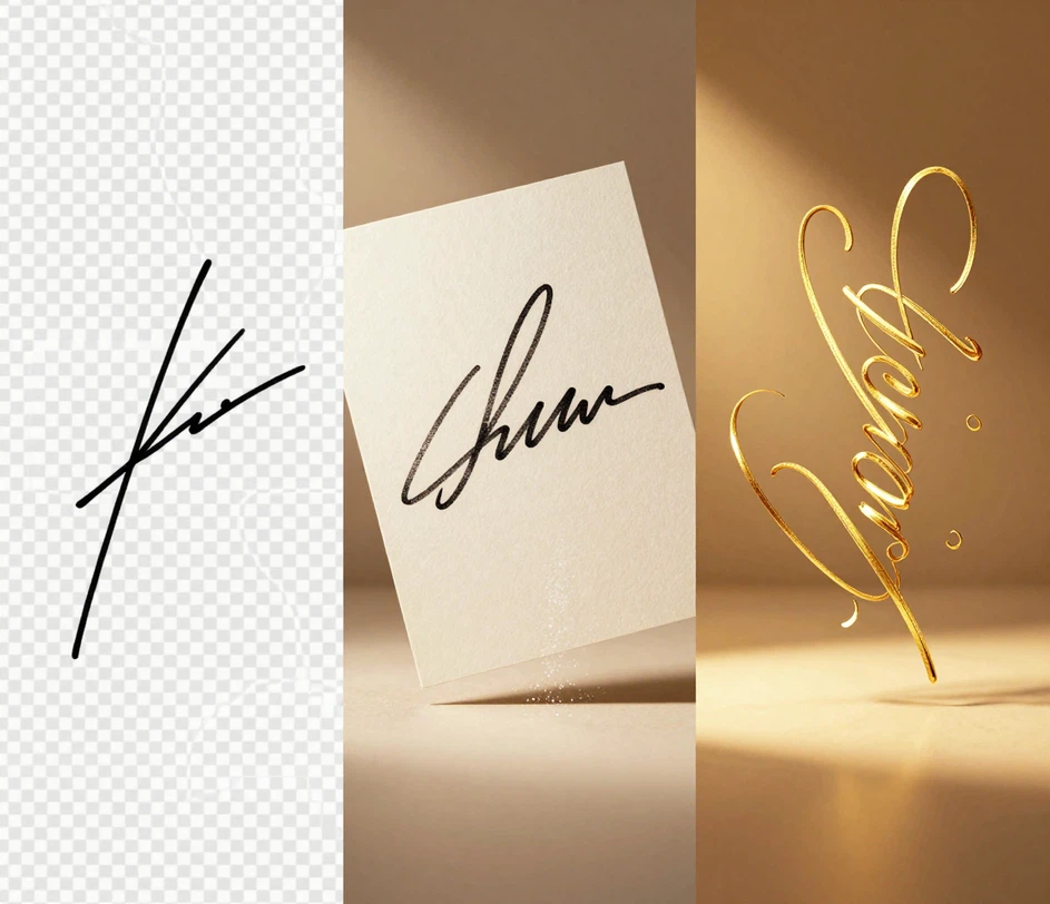 Tliet assi ta' signature PNG trasparenti irranġati mix-xellug għal-lemin — firma standard nadifa b'pinna tal-linka, firma Pro diġitalizzata b'testtura ta' pupulesija aktar rikka, u firma Master ornamentali b'ornamenti konnessi kumplessi b'fedeltà ta' kwalità ta' stampar