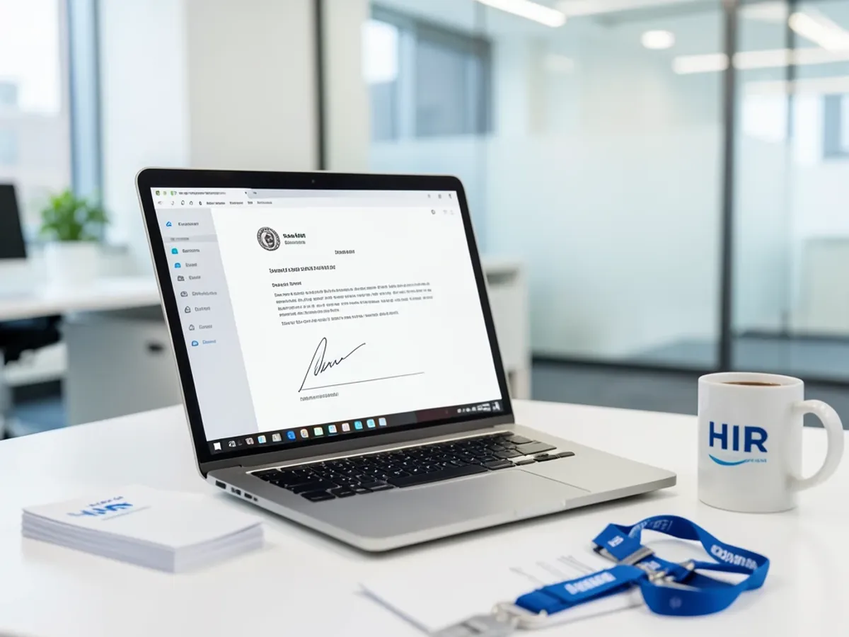 HR-tilbudsbrev med en gennemsigtig signatur-PNG placeret på autorisationslinjen, gengivet rent inden for det formaterede tilbudsbrev uden baggrundsartefakter eller synlige billedgrænser