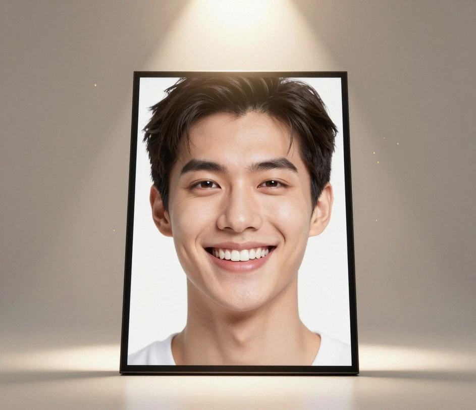 A finished photorealistic smiling portrait with crisp facial detail and balanced studio lighting, ready to download at high resolution