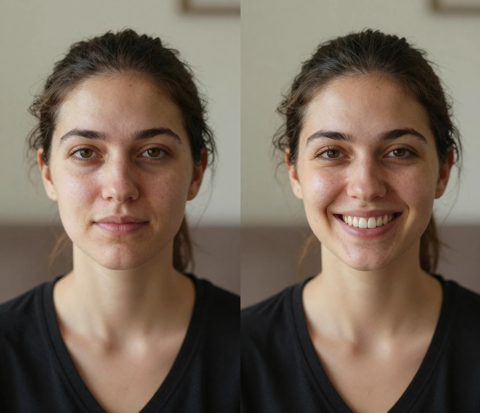 The same portrait before and after a smile makeover preview, with facial structure, skin texture, and background unchanged and only the smile improved