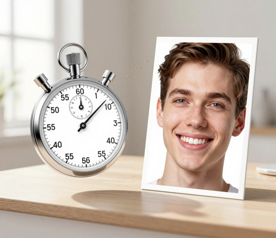 An uploaded portrait and a one-line prompt turning into a finished photorealistic smile preview in under ten seconds