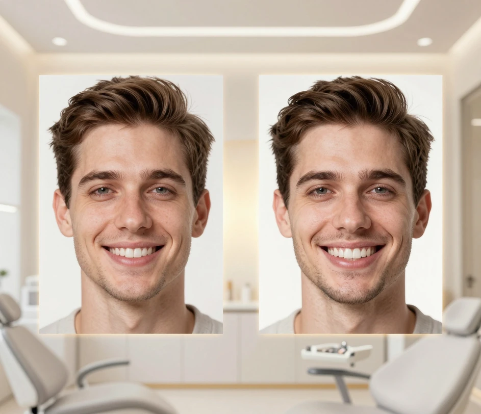 Close-up detail of two smile makeover previews of the same person, one subtle and one radiant, showing natural tooth shape and whiteness side by side