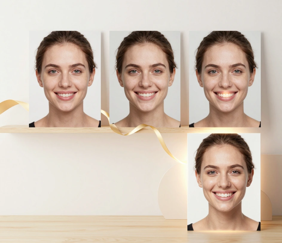 A three-panel smile makeover workflow showing a portrait upload, an identity-preserving smile transformation with natural tooth detail, and the finished preview exported at 4K resolution