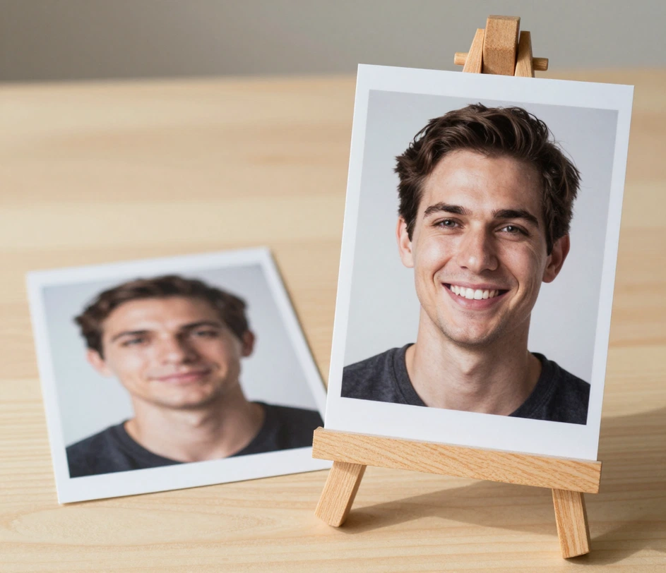 A real portrait photo transforming into the same person with a brighter, natural dental smile makeover preview, identity and background unchanged, rendered at up to 4K resolution