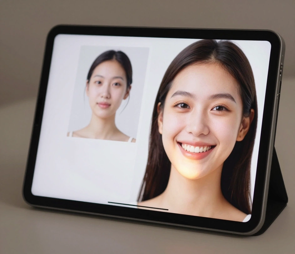 A prompt field with a one-line smile description beside the uploaded photo, applying the requested brighter-teeth open smile adjustment