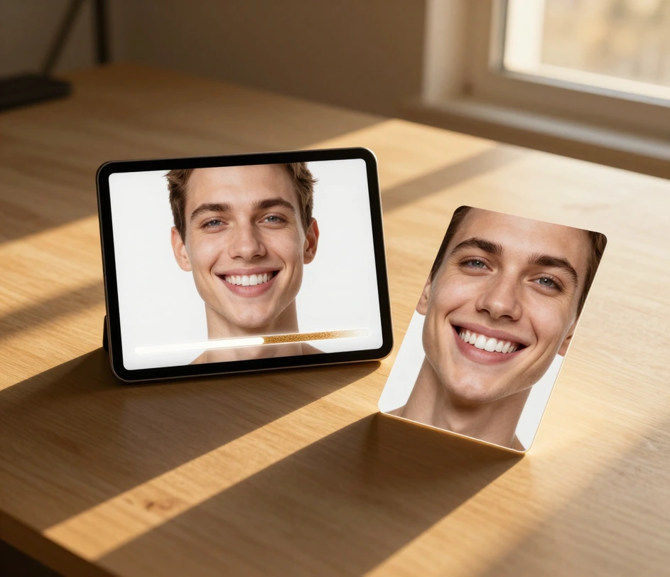 A finished smile makeover preview being downloaded at 4K resolution, displayed beside social post, consultation, and print layouts