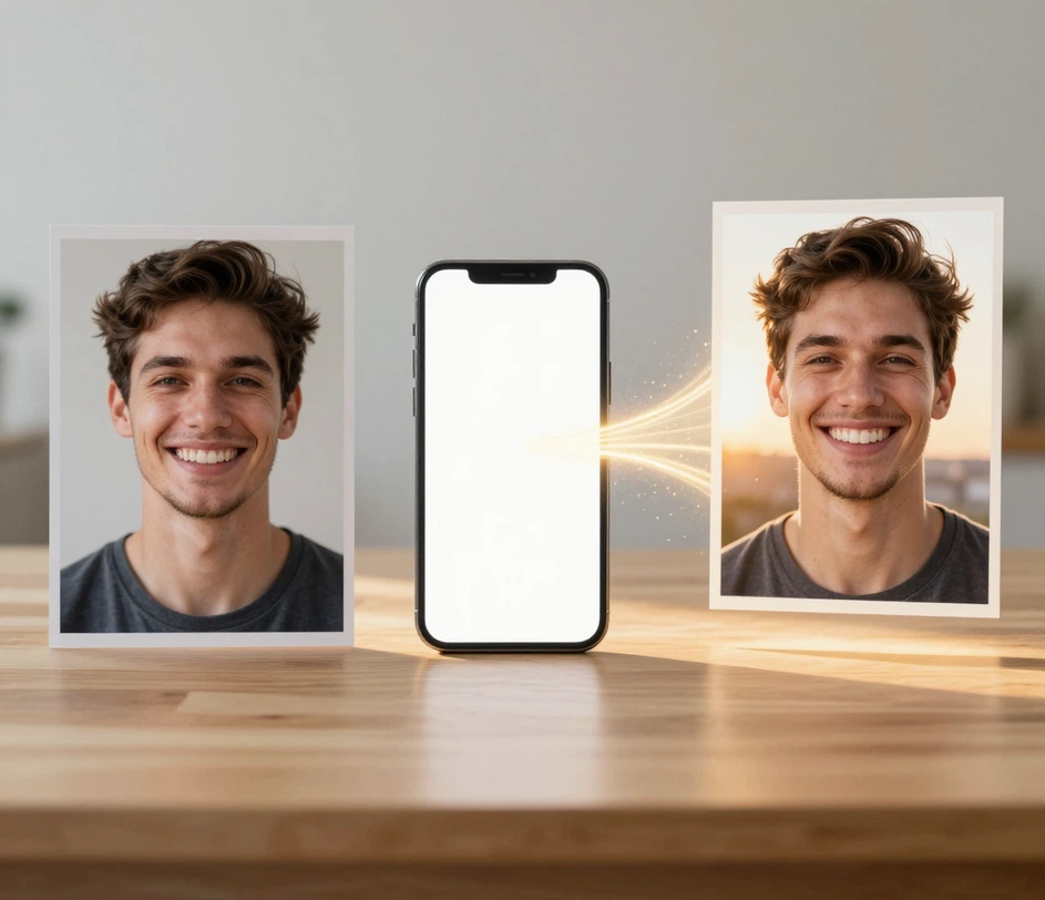 A three-step smile generation guide showing prompt input, an eight-second generation progress state, and the finished high-resolution smiling portrait download