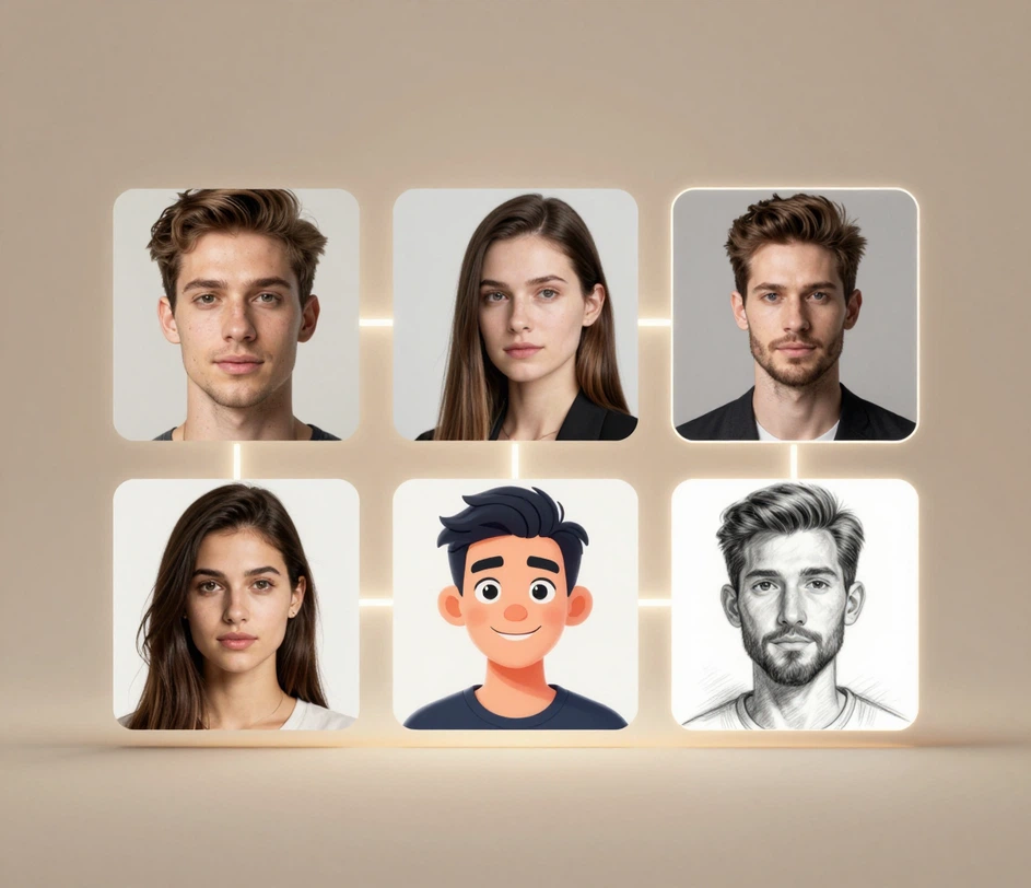 A row of portrait transformations from one source photo — smile makeover, professional headshot, cartoon, and sketch — each preserving the same recognizable face