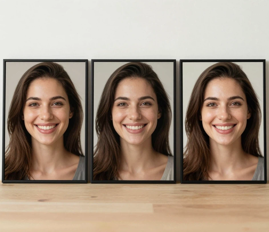 The same portrait rendered as smile makeover previews at three ascending quality tiers, with tooth detail and resolution increasing from 1024px to 4K from left to right