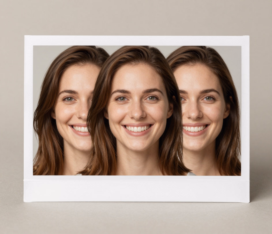 A framed photorealistic portrait of a smiling brown-haired woman with clean rendering and slightly softer detail, illustrating the Standard tier's up to 1024px smile preview for 20 credits