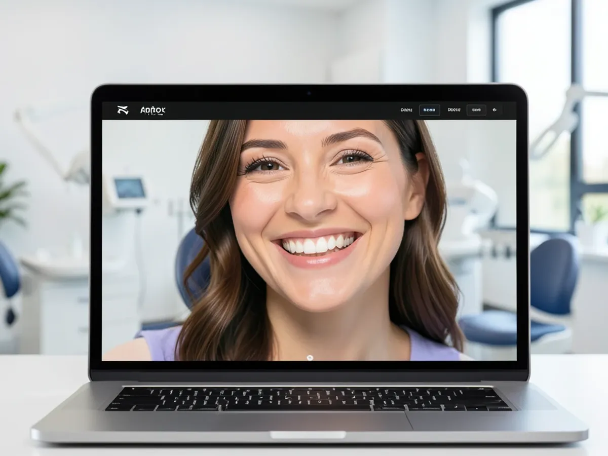 A dental clinic website hero section featuring an AI-generated radiant smile portrait with professional lighting and natural tooth appearance at high resolution