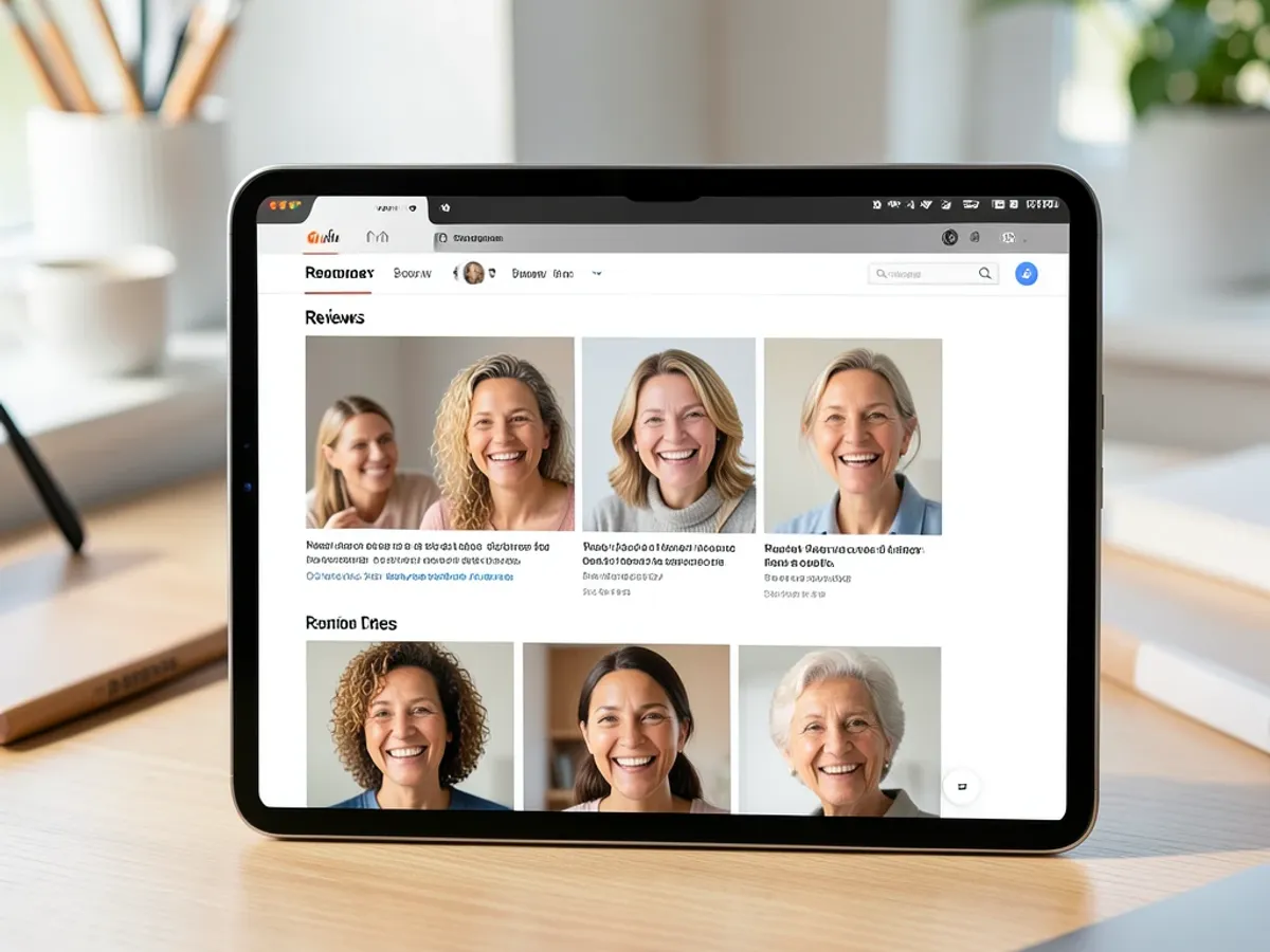 An e-commerce product page with AI-generated smiling customer portraits in a reviews section showing diverse age groups and natural expressions