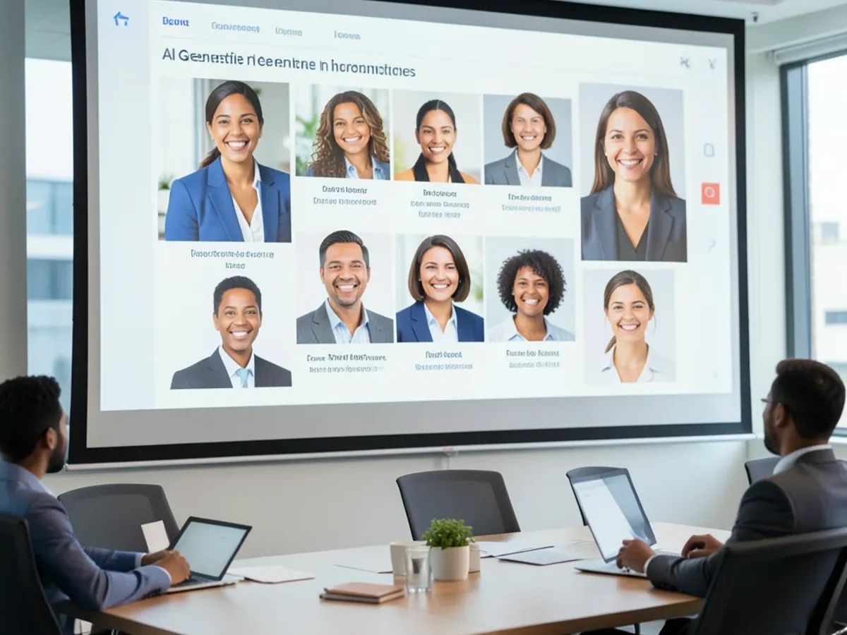 A business pitch deck slide displaying AI-generated smiling professional portraits in a team introduction layout with varied ethnicities and warm natural expressions