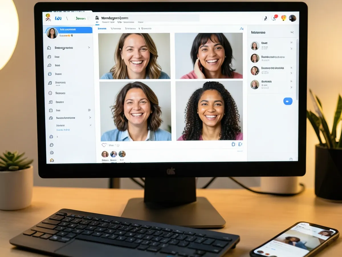 A social media dashboard showing four AI-generated smiling faces of different ages and ethnicities arranged in a grid for an Instagram campaign layout