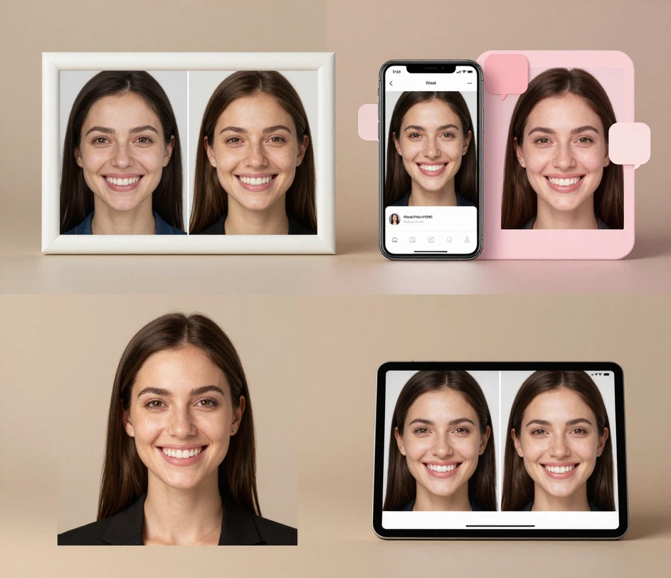 Four smile generator previews in different contexts — a social campaign grid, a dental clinic hero, an e-commerce review card, and a pitch deck team page — all photorealistic at high resolution