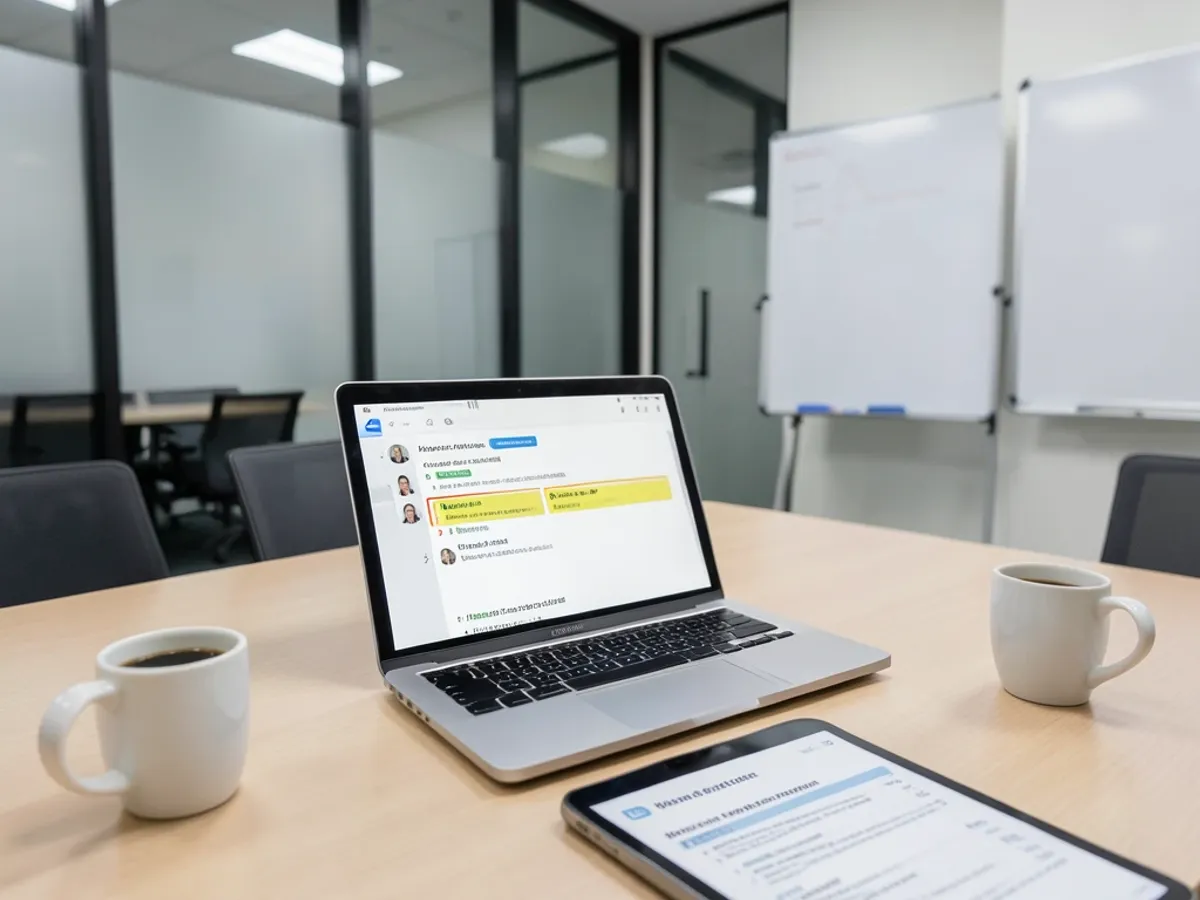 Business team reviewing a meeting transcript with highlighted action items and speaker labels generated by Arui.AI speech to text