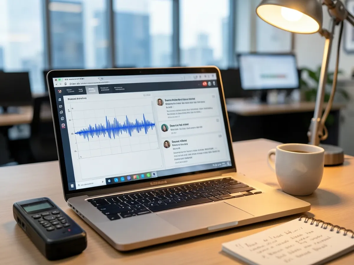Journalist reviewing a speaker-labeled transcript generated from a recorded interview on the Arui.AI speech to text interface