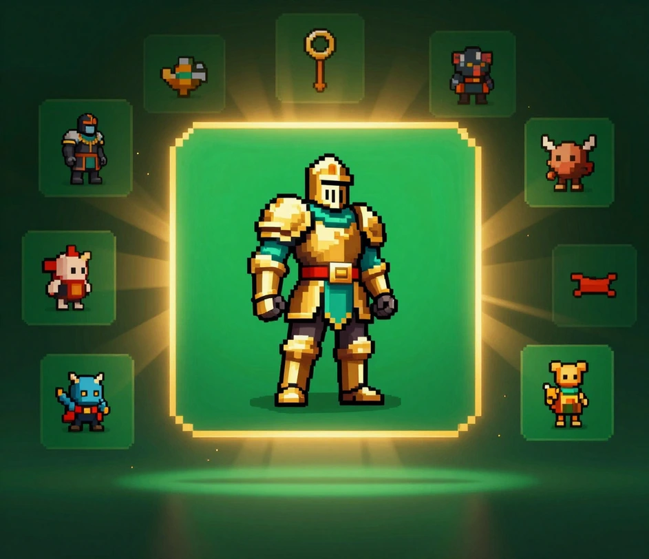 Baigtas 16-bit riterio sprite stovi centruotas paprastame fone turtinga aukso, žalsvai mėlynos ir tamsiai raudonos paletės spalvomis, jį supa pastovios daiktų ir priešų sprite kortelės