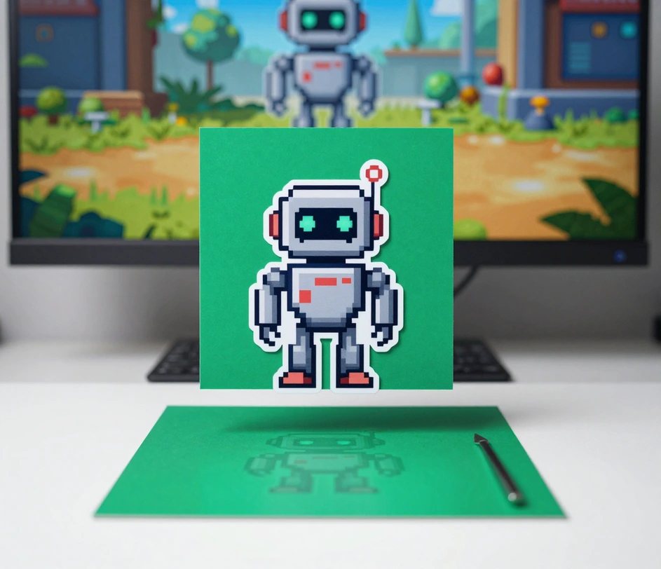 16-bit roboto sprite sklendžia virš savo paprasto solidžio gintaro chromos atraminės kortelės, metamas šešėlis ir blausus vaiduoklinis kontūras įrodo vieno spustelėjimo iškirpimą, o už jo sulietas žaidimo scenos skydas rodo išdėstymą variklyje