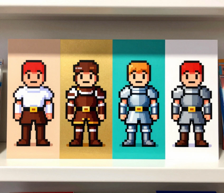 Tas pats riterio personažas keturiose eros variacijose ant vienspalvių kortelių — kampuotas 8-bit, išsamus 16-bit, lygus 32-bit ir tapybiškas modern — tapati poza, kinta tik pikselių tankis ir paletė