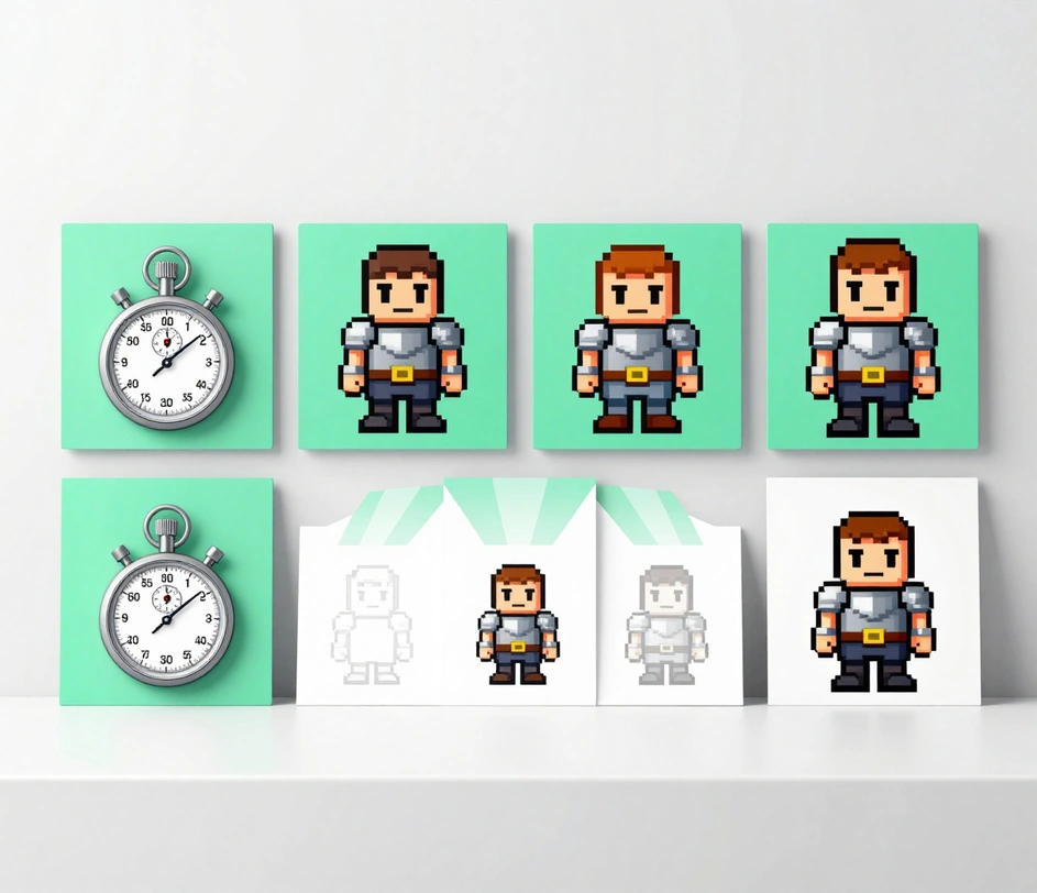 Keturios plaukiojančios vinjetės — chronometras šalia šviežio centruoto sprite dvidešimties sekundžių greičiui, vienas riteris nuo 8-bit iki modern eros variacijų, trys nuorodų nuotraukos maitina pastovų herojų, ir 3K sprite key art kortelė