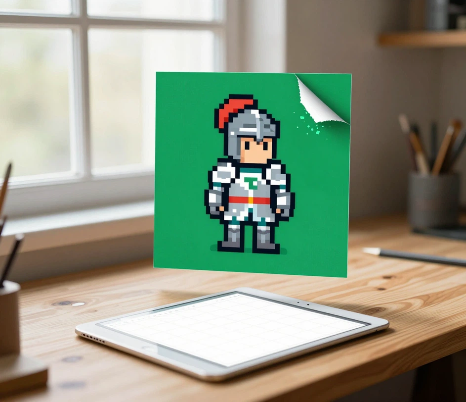 Indie žaidimų kūrėjo stalas naktį su vienu centruotu 16-bit riterio sprite paprastame fone, sklendžiančiu virš klaviatūros — aštrūs pikselių kraštai ir ribota spalvų paletė, paruošta vieno spustelėjimo iškirpimui į žaidimų variklį