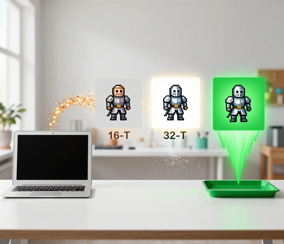 Trijų pakopų dalelių srautas nuo tuščios užklausos langelio per keturias vieno riterio sprite eros variacijas — 8-bit, 16-bit, 32-bit, modern — iki baigto centruoto sprite paprastame fone