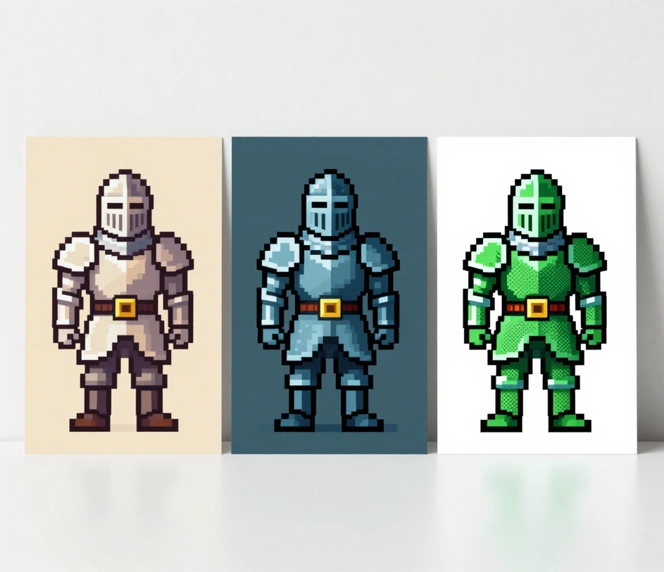 To paties 16-bit riterio sprite triptikas su kylančia kokybe — minkšti kraštai kairėje, aštriai suderinti pikseliai centre ir turtinga 3K paletė dešinėje