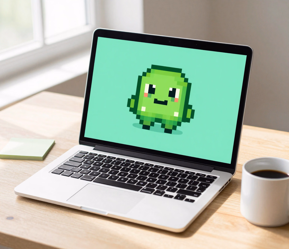 Game jam darbo stalas su linksniu 16-bit gleivių sprite, centruotu paprastame fone — Standard lygmens greita 1K užrakinta tekstas-į-vaizdą išvestis prototipams