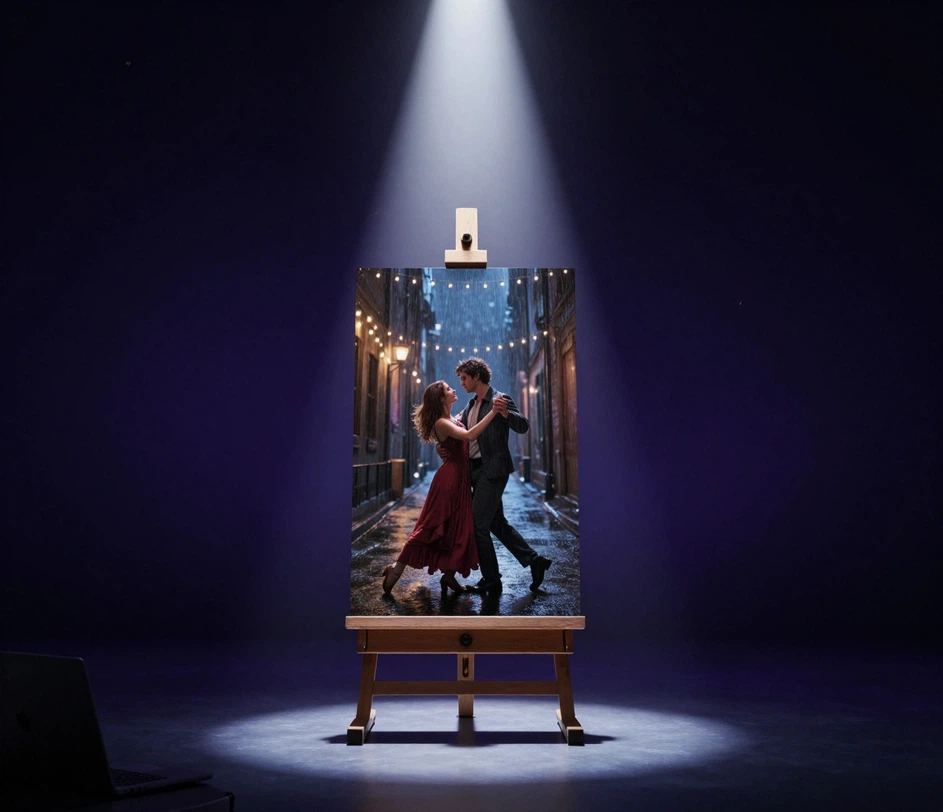 A finished cinematic storyboard frame displayed on a studio monitor beside its script page, spotlight lighting suggesting the shot is ready for the client