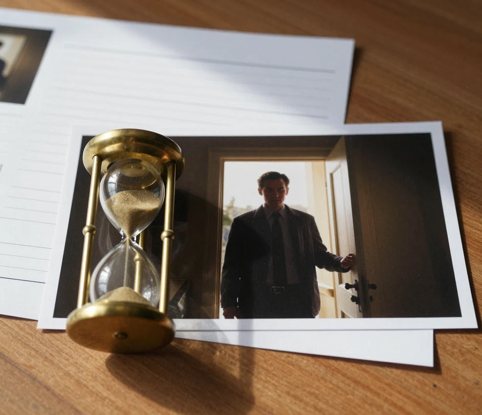 A brass hourglass beside a finished cinematic storyboard frame of a detective scene, the source script page and reference photo still lying on the desk