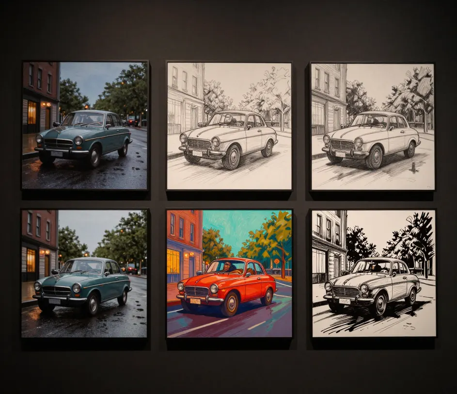 Storyboard frames of the same car scene rendered in cinematic, pencil, color concept, and ink styles with consistent staging across every frame