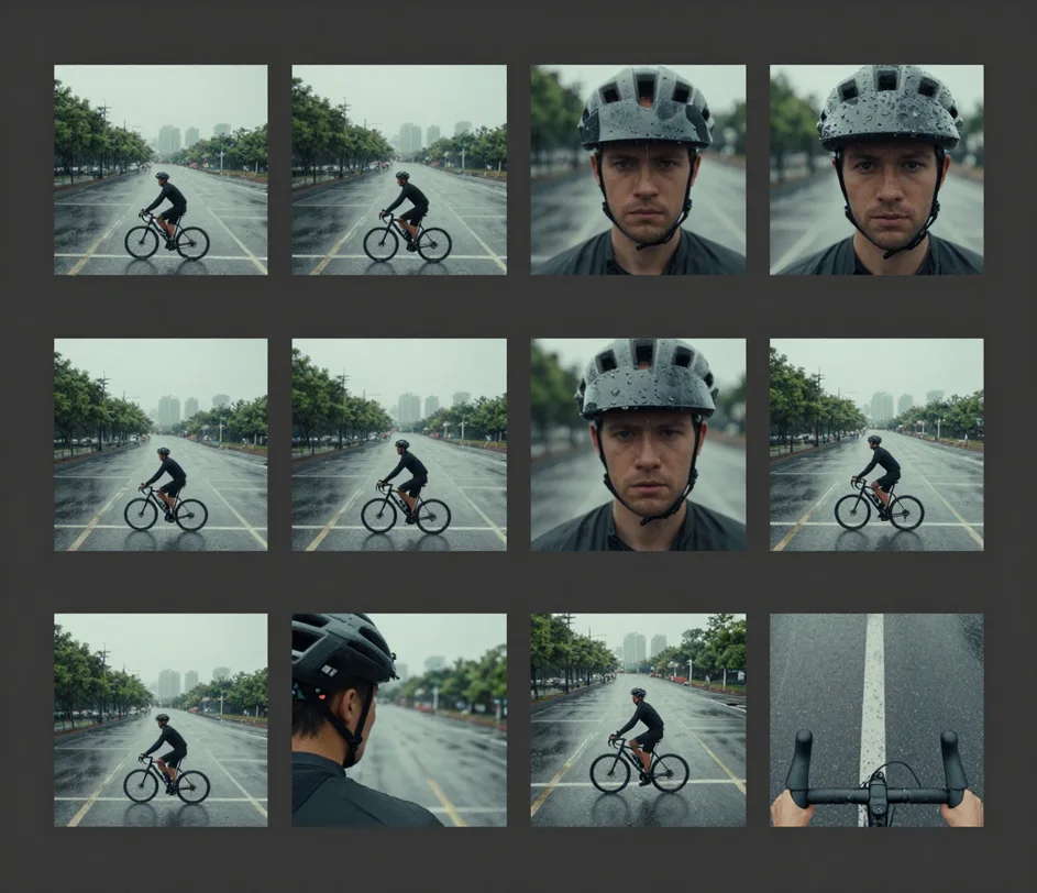 A storyboard grid of one cyclist scene shown in varied camera shot types, from wide establishing views to close-ups and a first-person handlebar point of view