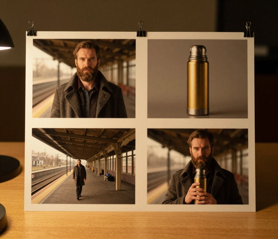 Reference photos of a bearded actor and a brass thermos beside two storyboard frames that keep the same man and product consistent from a station-platform wide shot to a hands-around-the-thermos close-up