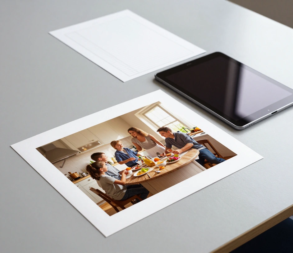 A freshly printed storyboard frame of a family kitchen scene on heavy matte paper beside a face-down tablet, sharp enough for printed pitch decks and pre-production review