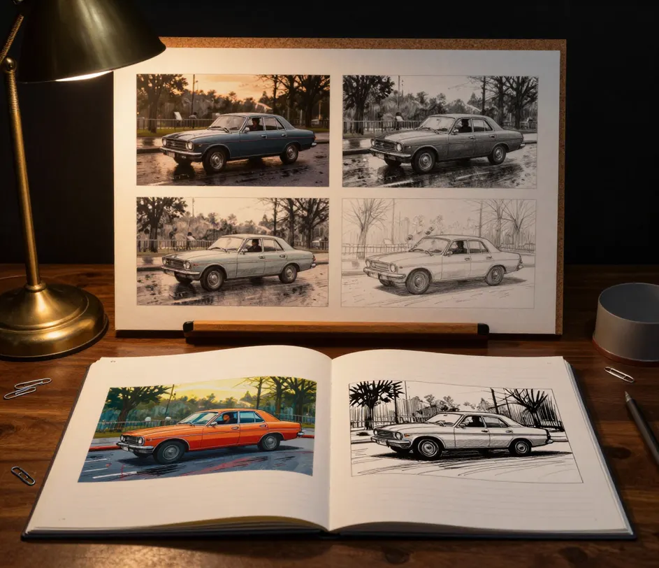 A director's workbench with an open script beside storyboard frames of the same car scene in four styles — cinematic, pencil, color concept, and ink — with consistent staging across every frame
