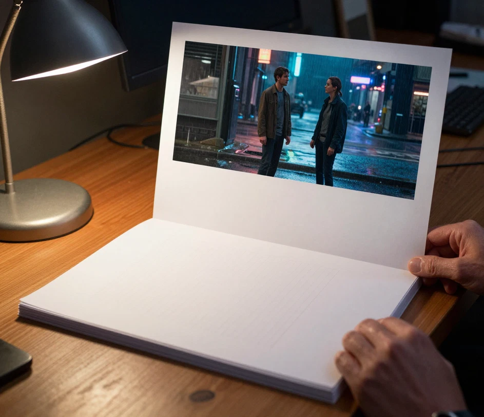 A printed film script transforming into a cinematic storyboard frame on a director's desk, the drafted scene emerging as a rendered shot with clear staging and dramatic lighting